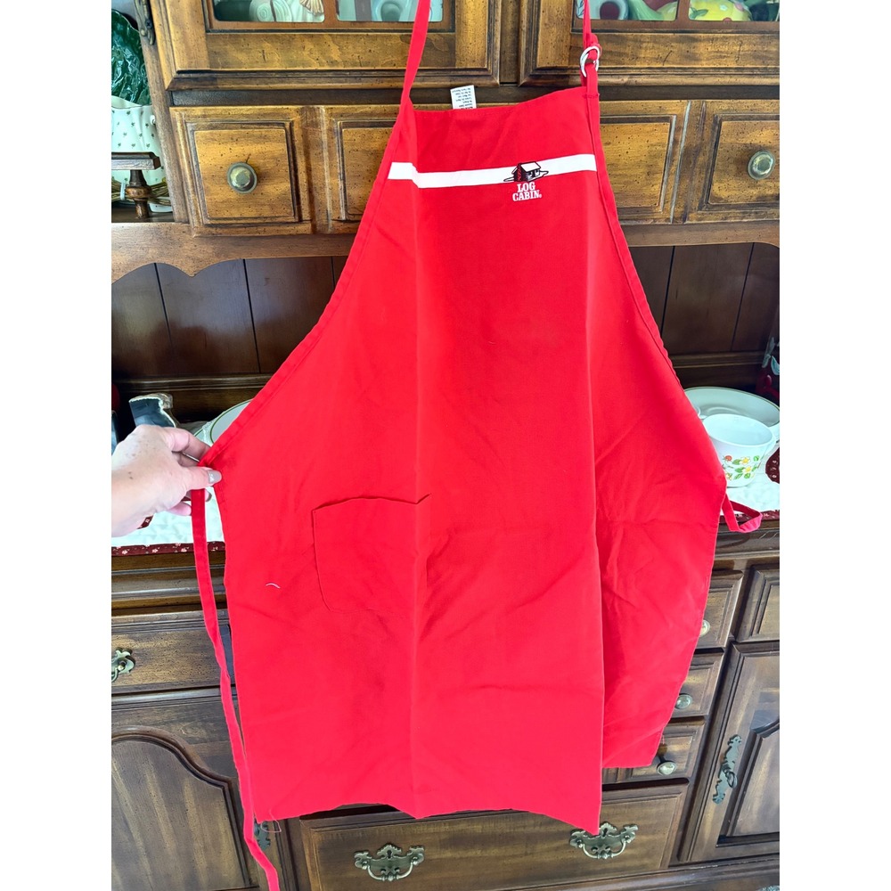 Log Cabin red promotional aprons, set of 4, vintage 1980's kitchen rustic baking